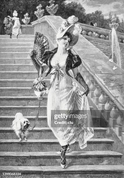 ilustraciones, imágenes clip art, dibujos animados e iconos de stock de mujer joven y bonita con un chihuahua desciende los escalones de una manera animada y elegante en un vestido largo y amplio y veraniego. - mujer moda 1890