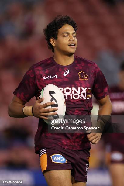 Selwyn Cobbo of the Broncos warm up during the round 11 NRL match between the Newcastle Knights and the Brisbane Broncos at McDonald Jones Stadium,...