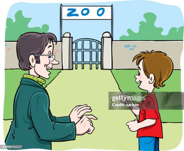 glückliche familie, die in den zoo geht - familie zoo stock-grafiken, -clipart, -cartoons und -symbole