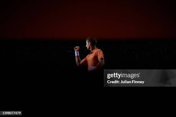 Novak Djokovic of Serbia celebrates in his match against Felix Auger-Aliassime of Canada in the quarter finals on day six of Internazionali BNL...