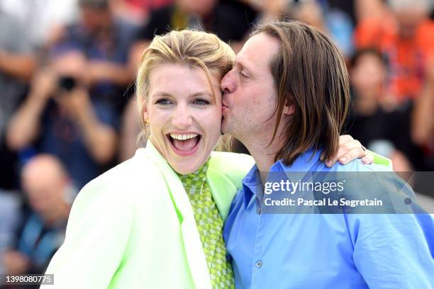 Director Charlotte Vandermeersch and Director Felix Van Groeningen attend the photocall for "The Eight Mountains " during the 75th annual Cannes film...