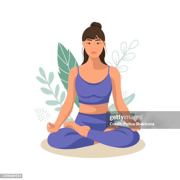 frau, die yoga macht. lotus-position - woman face natural stock-grafiken, -clipart, -cartoons und -symbole