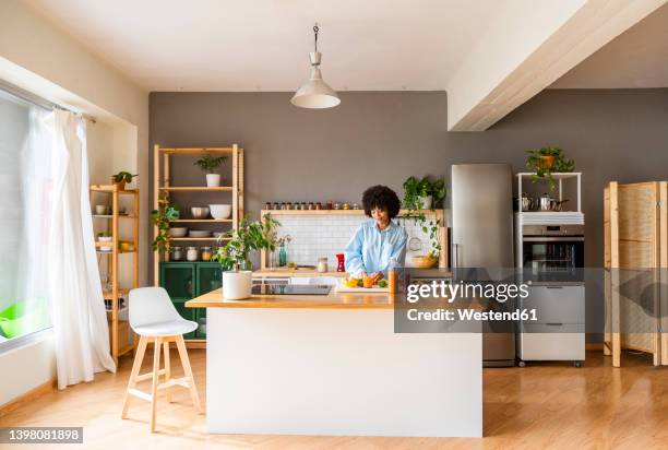 woman preparing breakfast in kitchen at home - isla de cocina fotografías e imágenes de stock