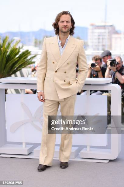 Alessandro Borghi attends the photocall for "The Eight Mountains " during the 75th annual Cannes film festival at Palais des Festivals on May 19,...