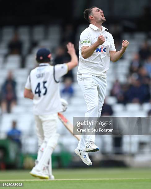 Yorkshire bowler Jordan Thompson celebrates after taking the wicket of Warwickshire batsman Alex Davies during the LV= Insurance County Championship...