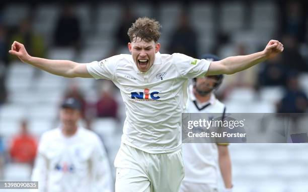 Yorkshire bowler Matthew Revis celebrates after taking the wicket of Warwickshire batsman Sam Hain during the LV= Insurance County Championship match...