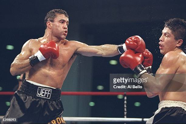 Jeff Fenech lands a straight left on Tialano Tovar during a bout. Fenech won the fight with a technical knockout in the eighth round. Mandatory...