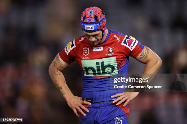 Kalyn Ponga of the Knights looks dejected during the round 11 NRL match between the Newcastle Knights and the Brisbane Broncos at McDonald Jones...