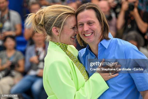 Charlotte Vandermeersch and Felix Van Groeningen attend the photocall for "The Eight Mountains " during the 75th annual Cannes film festival at...