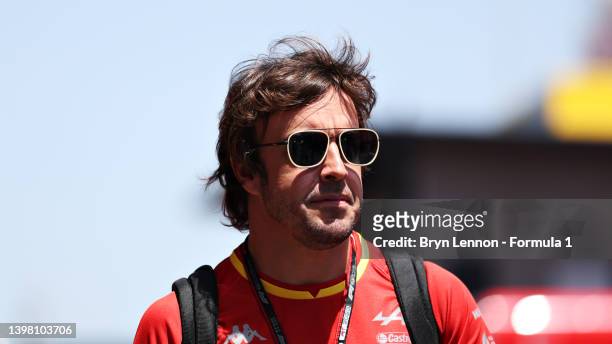 Fernando Alonso of Spain and Alpine F1 walks in the Paddock during previews ahead of the F1 Grand Prix of Spain at Circuit de Barcelona-Catalunya on...