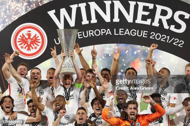 Sebastian Rode of Eintracht Frankfurt lifts the UEFA Europa League Trophy following their team's victory in the UEFA Europa League final match...