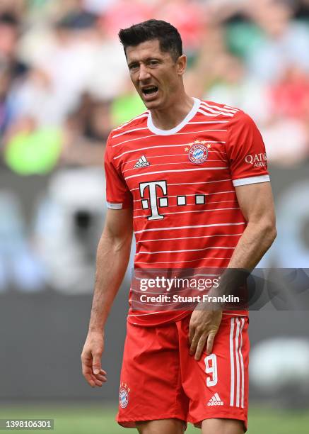 Robert Lewandowski of Bayern Munich in action during the Bundesliga match between VfL Wolfsburg and FC Bayern München at Volkswagen Arena on May 14,...