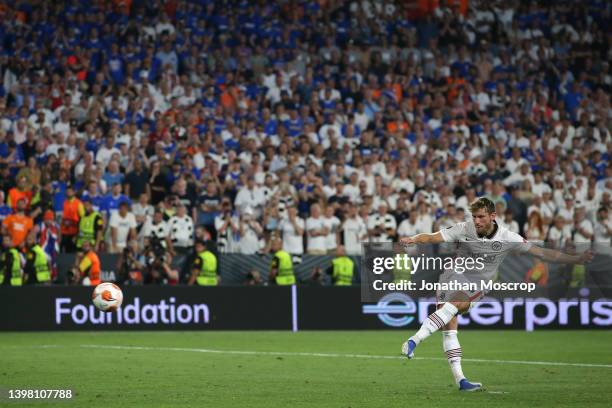 Christopher Lenz of Eintracht Frankfurt scores his penalty in the shoot out during the UEFA Europa League final match between Eintracht Frankfurt and...