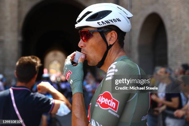 Oscar Riesebeek of Netherlands and Team Alpecin - Fenix having a cup of coffee prior to the 105th Giro d'Italia 2022, Stage 12 a 204km stage from...