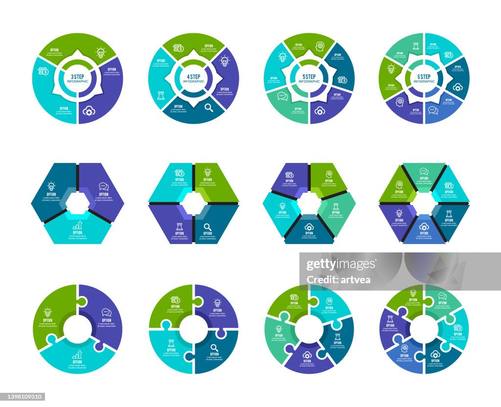 Colección de gráficos circulares coloridos con 3,4,5,6 secciones o pasos