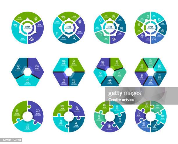 ilustraciones, imágenes clip art, dibujos animados e iconos de stock de colección de gráficos circulares coloridos con 3,4,5,6 secciones o pasos - circle diagram