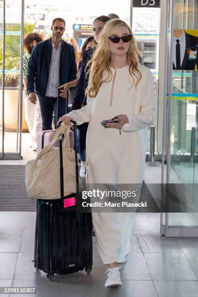 Actress Elle Fanning is seen arriving ahead of the 75th annual Cannes film festival at Nice Airport on May 19, 2022 in Nice, France.