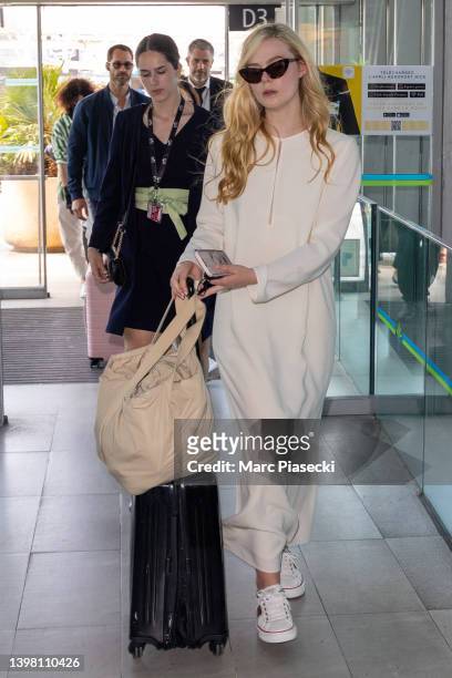 Actress Elle Fanning is seen arriving ahead of the 75th annual Cannes film festival at Nice Airport on May 19, 2022 in Nice, France.