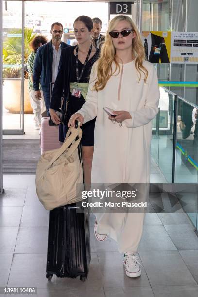 Actress Elle Fanning is seen arriving ahead of the 75th annual Cannes film festival at Nice Airport on May 19, 2022 in Nice, France.