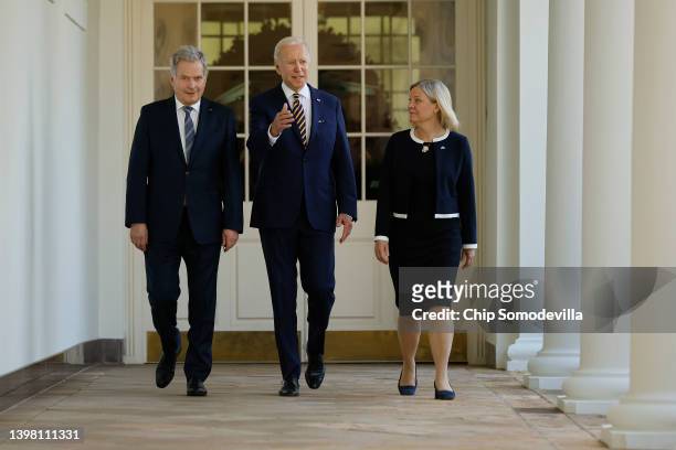 President Joe Biden welcomes Sweden's Prime Minister Magdalena Andersson and Finland's President Sauli Niinisto to the White House on May 19, 2022 in...