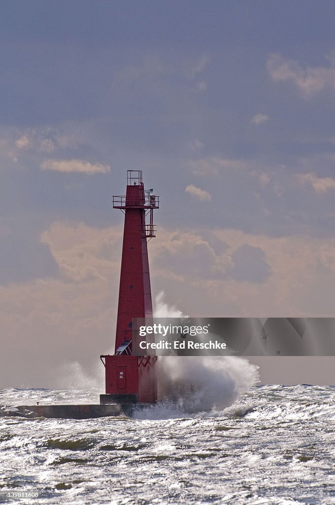 Storm over South Breakwater Lighthouse, Lake Michigan, Muskegon, MI, USA. This storm producted 10 - 14 waves in October 2008