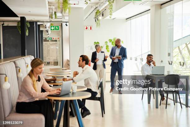 empresarios diversos que trabajan en el salón de una oficina - comedor fotografías e imágenes de stock