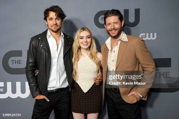 Drake Rodger, Meg Donnelly, and Jensen Ackles attend The CW Network's 2022 Upfront Arrivals at New York City Center on May 19, 2022 in New York City.