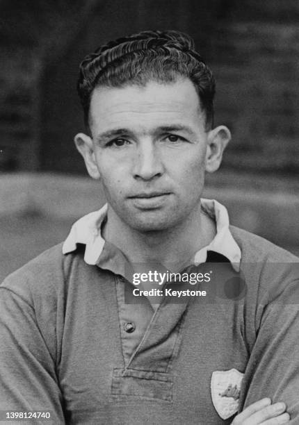 Portrait of English professional footballer Bert Barlow , Forward for Leicester City Football Club circa August 1950 at the Filbert Street stadium in...