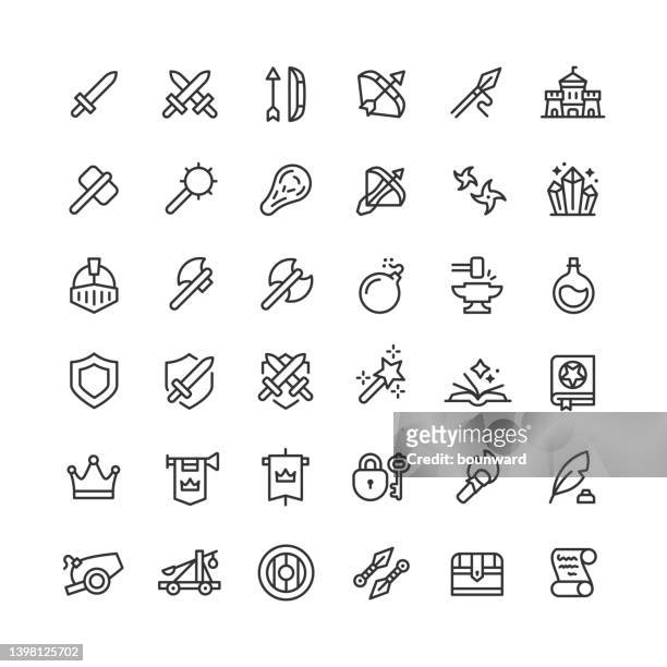medieval line icons editable stroke - artillery vector stock illustrations