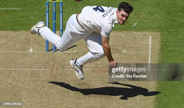 Yorkshire bowler Jordan Thompson in bowling action during the LV= Insurance County Championship match between Yorkshire and Warwickshire at...
