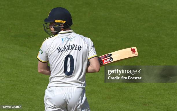 Warwickshire batsman Nathan McAndrew with the number 0 on the back of his shirt during the LV= Insurance County Championship match between Yorkshire...