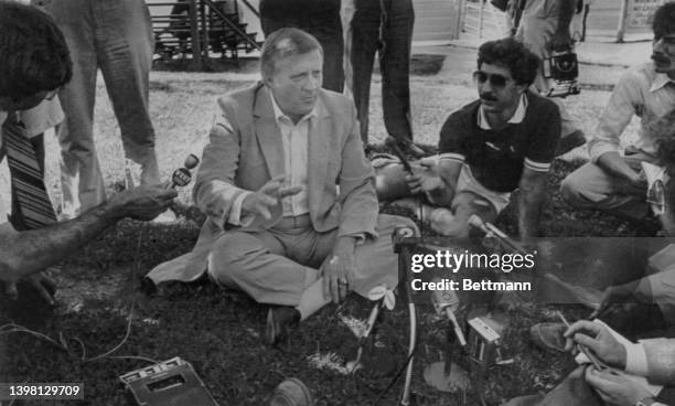 George Steinbrenner holds an impromptu press conference on the lawn at Vernon Downs. The controversial owner was making his first visit to the...