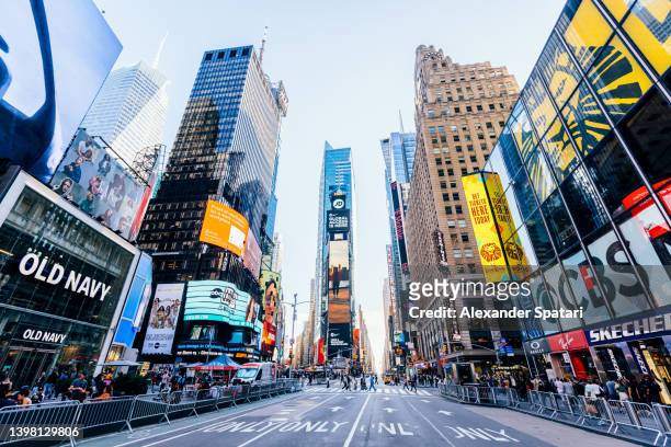 wide angle view of times square, new york city, usa - broadway street stock pictures, royalty-free photos & images