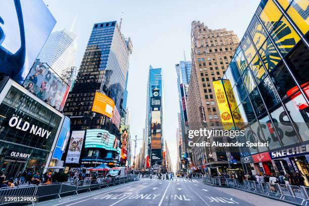 wide angle view of times square, new york city, usa - broadway imagens e fotografias de stock