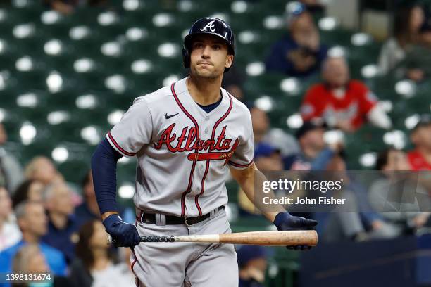 Matt Olson of the Atlanta Braves reacts after a pitch against the Milwaukee Brewers at American Family Field on May 17, 2022 in Milwaukee, Wisconsin....