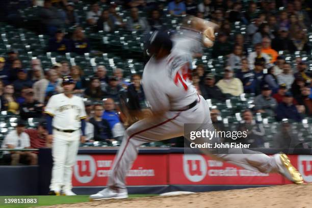 Kenley Jansen of the Atlanta Braves throws a pitch in the ninth inning against the Milwaukee Brewers at American Family Field on May 17, 2022 in...