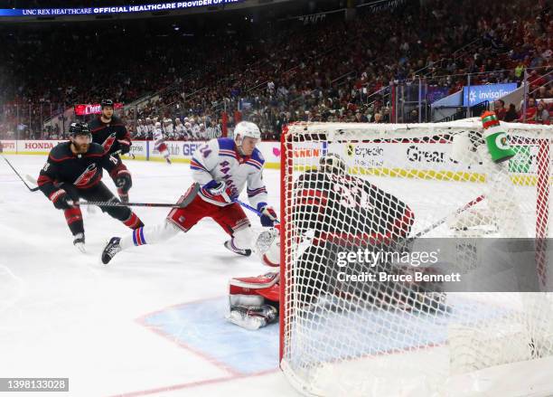 Antti Raanta of the Carolina Hurricanes makes the save on Kaapo Kakko of the New York Rangers in Game One of the Second Round of the 2022 Stanley Cup...