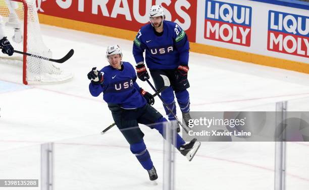 Ben Meyers of Team United States celebrate his goal with Alex Galchenyuk during the 2022 IIHF Ice Hockey World Championship Group B match between...