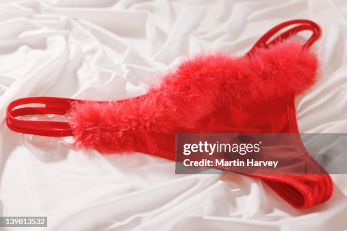 Red ladies underwear with feather detail, against white background Red ladies underwear with feather detail, against white background