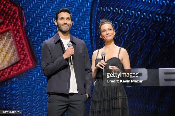 Tyler Hoechlin and Bitsie Tulloch of "Superman & Lois" speak onstage during The CW Network's 2022 Upfront Arrivals at New York City Center on May 19,...
