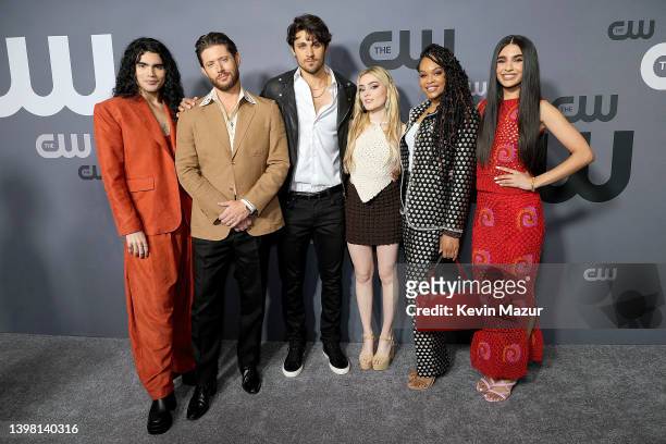 Jojo Fleites, Jensen Ackles, Drake Rodger, Meg Donnelly, Demetria McKinney, and Nida Khurshid attend The CW Network's 2022 Upfront Arrivals at New...