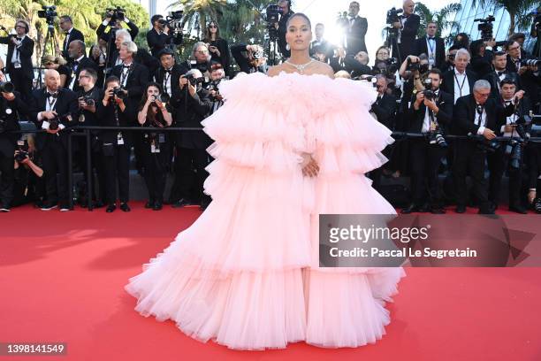 Cindy Bruna attends the screening of "Armageddon Time" during the 75th annual Cannes film festival at Palais des Festivals on May 19, 2022 in Cannes,...