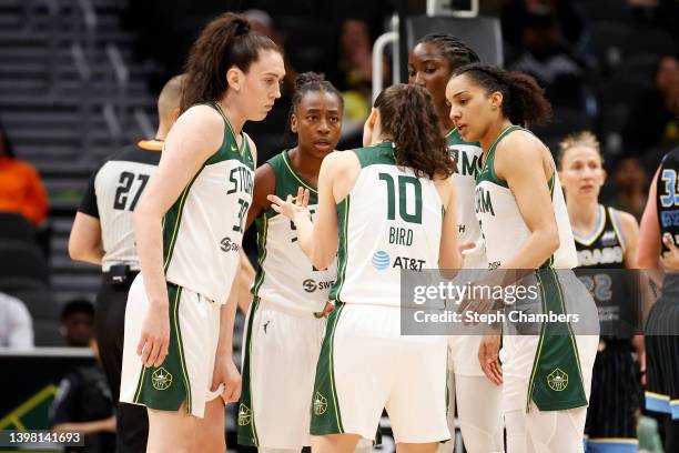 The Seattle Storm gather against the Chicago Sky during the first half at Climate Pledge Arena on May 18, 2022 in Seattle, Washington. NOTE TO USER:...