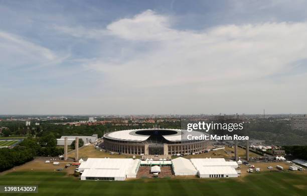 General view outside the stadium prior to the Bundesliga Playoffs Leg One match between Hertha BSC and Hamburger SV at Olympiastadion on May 19, 2022...