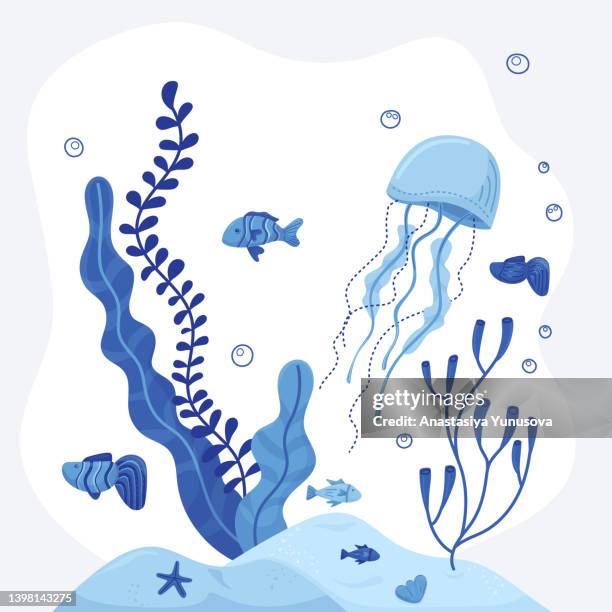 bildbanksillustrationer, clip art samt tecknat material och ikoner med ocean life composition with jelly fish and bubbles - blåmusselfamiljen