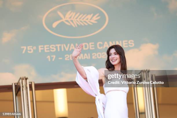 Anne Hathaway attends the screening of "Armageddon Time" during the 75th annual Cannes film festival at Palais des Festivals on May 19, 2022 in...