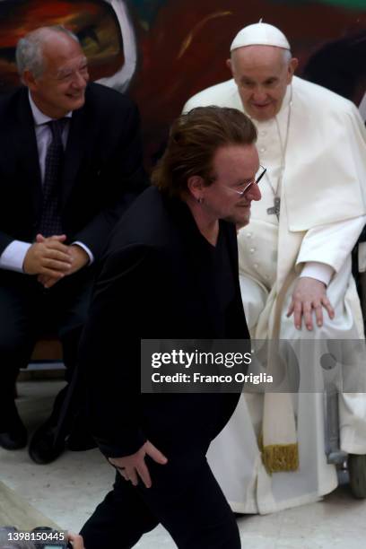 Pope Francis takes part in the festive launch of the Scholas Occurrentes International Movement, with U2 singer Bono Vox at the Pontifical Urban...