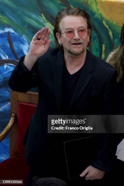 Singer Bono Vox takes part in the festive launch of the Scholas Occurrentes International Movement held by Pope Francis at the Pontifical Urban...