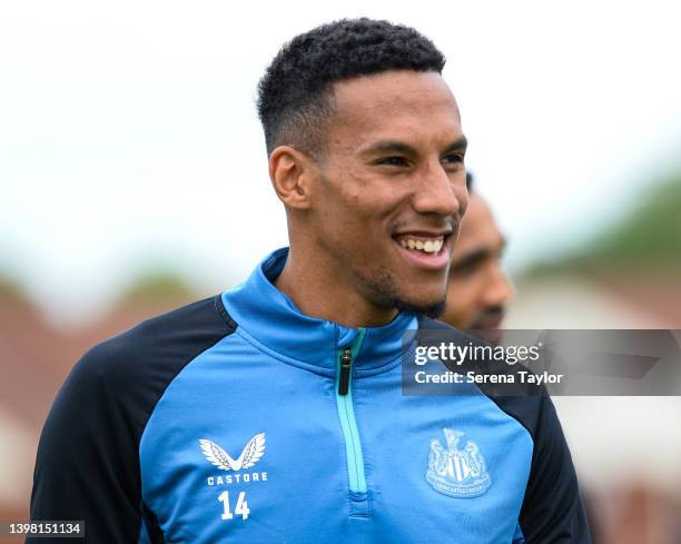 Isaac Hayden smiles during the Newcastle United Training session at the Newcastle United Training Centre on May 19, 2022 in Newcastle upon Tyne,...