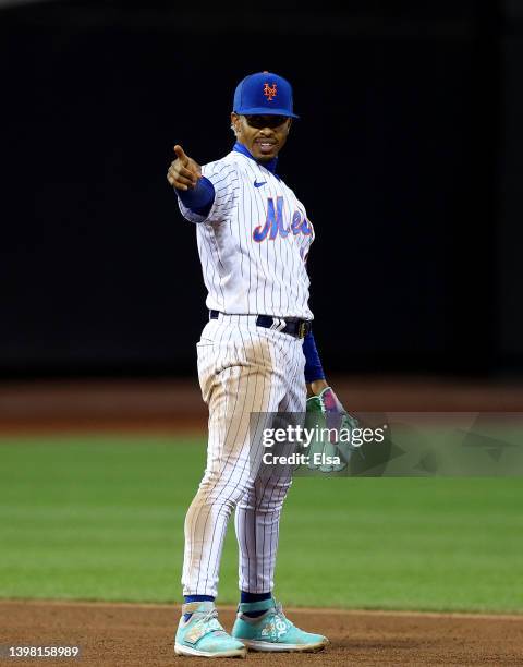 Francisco Lindor of the New York Mets celebrates an out against the Atlanta Braves during game two of a double header at Citi Field on May 03, 2022...